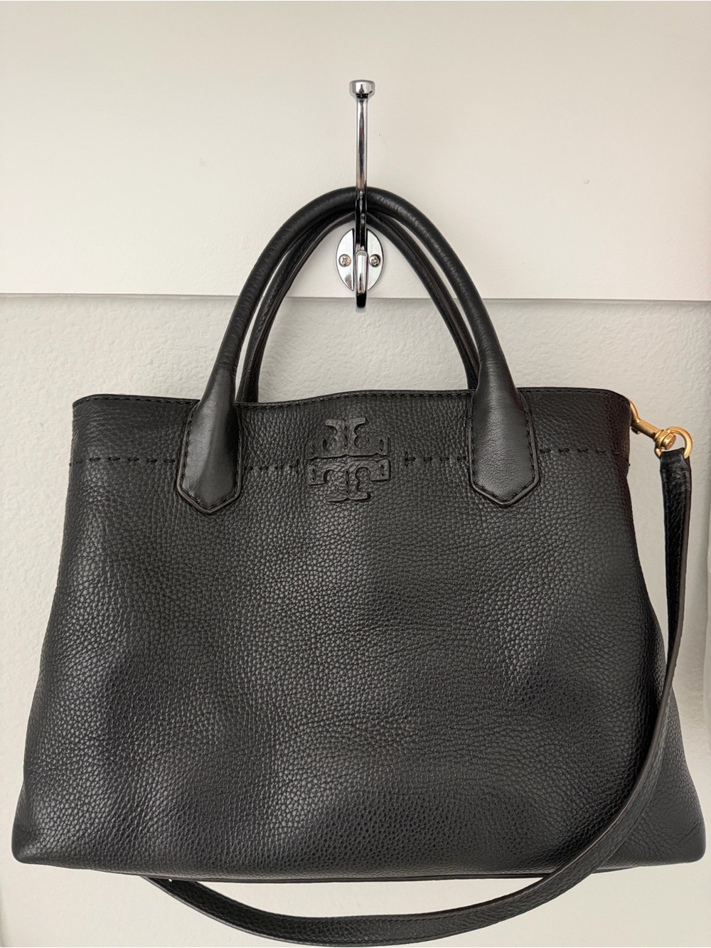 Tory Burch Black Pebbled Leather Top-Handle Satchel with Strap